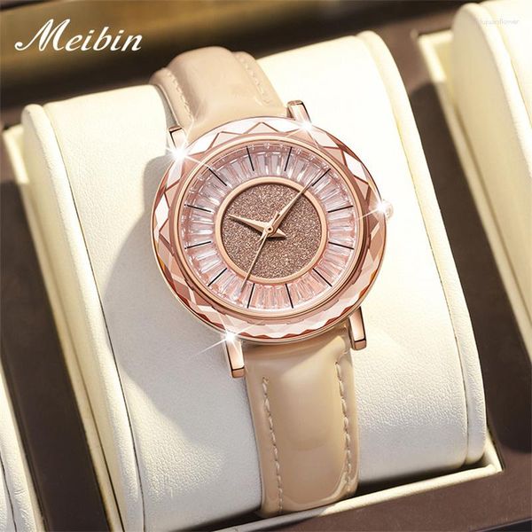 Montre-bracelets Meibin Womens Watches Top Crystal Quartz Watch For Women Fashion Cuir Strap imperméable pour femmes
