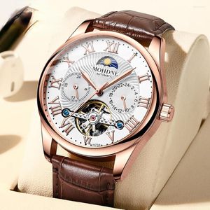 Relojes de pulsera Reloj mecánico para hombres Tourbillon hueco automático Fase lunar Cuero de negocios Reloj masculino resistente al agua Relogio Masculino