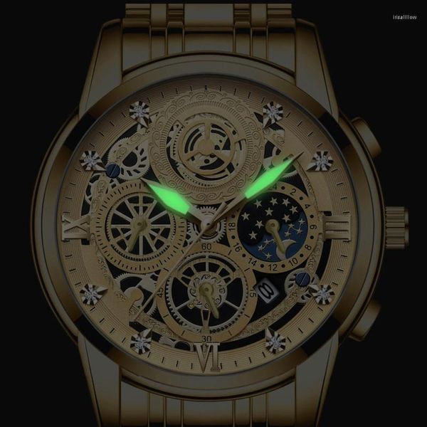 Relojes de pulsera, Reloj mecánico para Hombre, relojes de acero inoxidable completos, Reloj de pulsera resistente al agua con fecha automática, Reloj dorado para Hombre