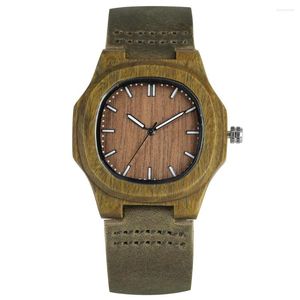 Polshorloges herenkwarts polswatch klassieke natuurlijke groene sandaal houten horloge duurzame lederen band pin gespeld