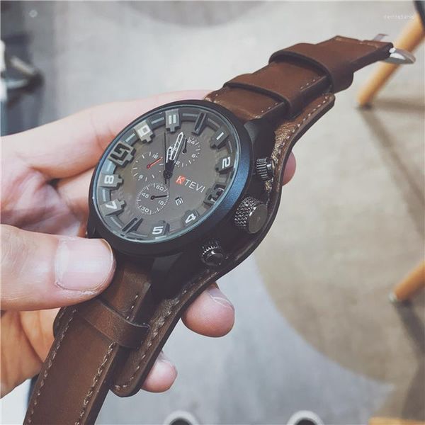 Relojes de pulsera deportivos para hombre, relojes de esfera grande, correa de cuero, reloj de pulsera de cuarzo de gran tamaño, reloj militar militar para Fitness, relojes Masculinos