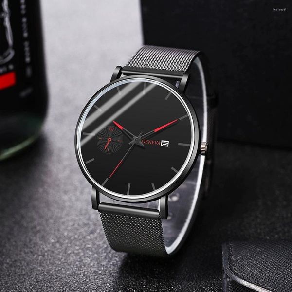 Montres-bracelets montres pour hommes calendrier minimaliste mode Ultra mince Simple hommes affaires acier inoxydable maille bande Sport montre Relogio