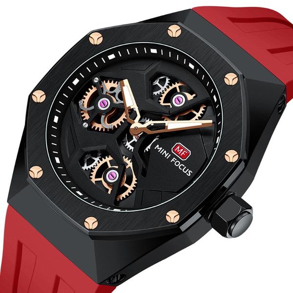 Relojes de pulsera para hombre, relojes de pulsera deportivos luminosos a prueba de agua con ruedas giratorias de cuarzo, correa de silicona roja, reloj Masculino