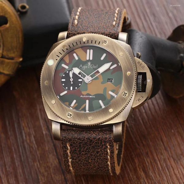 Relojes de pulsera Hombres Automático Mecánico Zafiro Bronce Azul marino Verde Marrón Cuero 3 días Reloj Luminoso 47 mm Relojes plateados