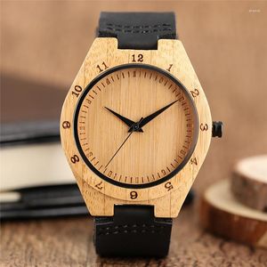 Polshorloges mannen bamboe natuurlijk houten horloge handgemaakte gegraveerde nummers schaal schaal kwarts-watch echt lederen armband mannelijke geschenken online