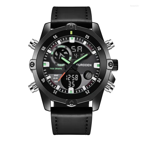 Montre-bracelets Men Big Brand Curdden Chronograph Watchs Fashion Leather Band Double Time Multi-fonction Sports Digital Watch Black Montre Homme