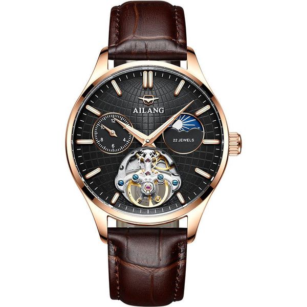 Montres-bracelets Hommes D'affaires En Cuir Mécanique Montres De Luxe Étanche Boîtier En Or Rose Tourbillon Lumineux Montre Automatique 8607DLMontres-bracelets