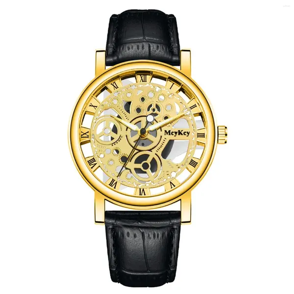 Wallwatches Men Business Watches Fashion Transparent Hollow Leather Band Quartz Reloj Hombre Relogios Masculino