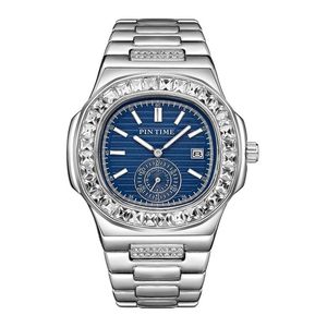 Polshorloges mannen mode kijken blauwe wijzerplaat roestvrij staal stokbrood diamant ijskwartsbeweging allemaal werken montre