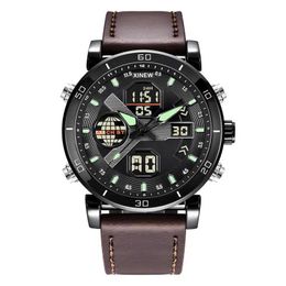 Montre-bracelets Hommes authentique Xinew Brand Dual Time Digital Es Fashion Leather Band multifonction Military Sports Chronograph Vintage Q240426