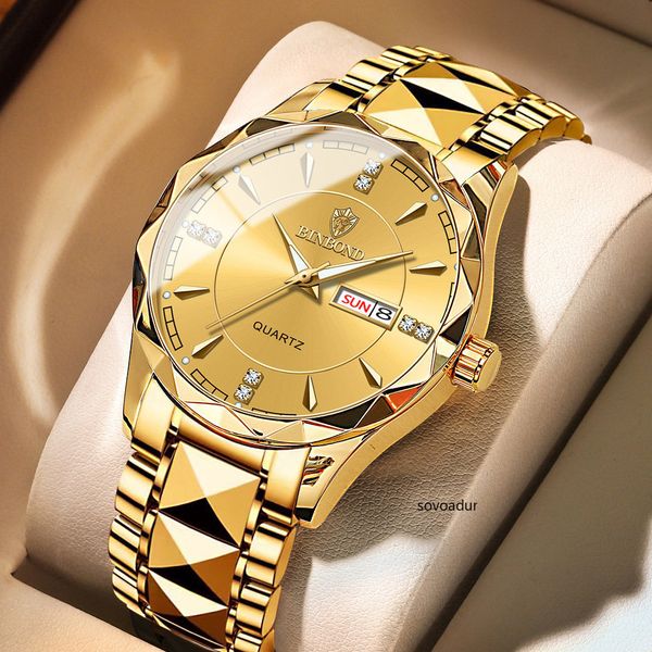 Relojes de pulsera Reloj de oro para hombre Relojes de cuarzo de lujo para hombre Relojes de negocios Fashon Day Date Reloj masculino Acero inoxidable Impermeable Relogio Masculino 230821