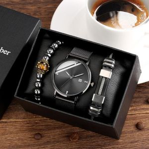 Montre-bracelets Men de luxe Gift minimaliste montres en alliage Mesh Watchband Quartz Calendrier Calendrier Horloge bracelet Punk Metal Box Setwrist