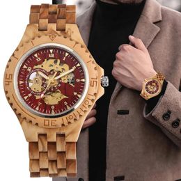 Polshorloges mannen mechanisch horloge retro houten automatisch voor Arabische cijfers klokband heren's