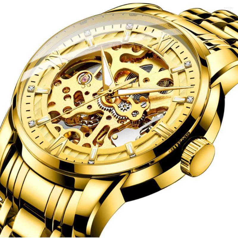 Relojes de pulsera Reloj de pulsera mecánico para hombres con correa de cuero negro Esqueleto de acero inoxidable de moda de lujo para negocios 2023
