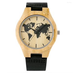 Relojes de pulsera Reloj de bambú para hombre Patrón de visualización Moda Hombres Reloj de pulsera de cuarzo de cuero Reloj natural fresco Regalo para el marido