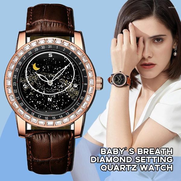 Relojes de pulsera Reloj de cuarzo para hombre Ajuste de diamantes Estrellas giratorias Sol Luna Moda para mujer 3bar Impermeable Noctilucente Relogio Masculino