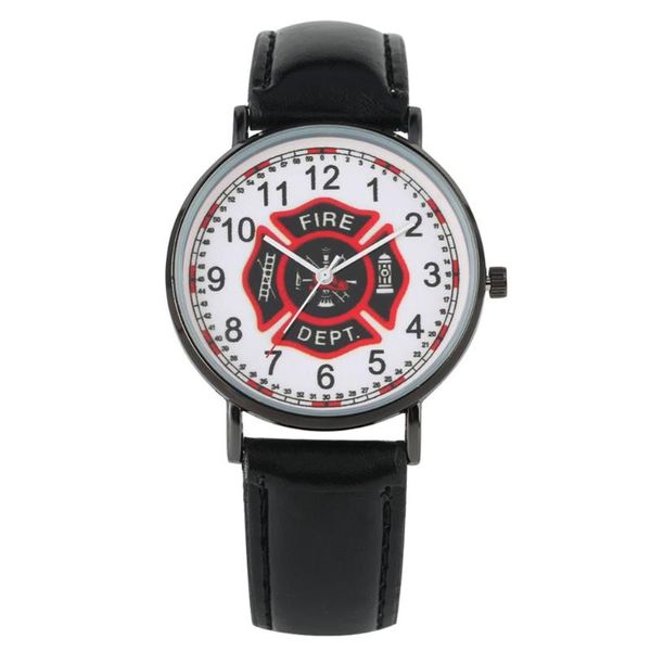 Relojes de pulsera Logotipo especial de la brigada de bomberos para hombres Reloj Hebilla Correa de cuero Relojes Números arábigos clásicos Pantalla Dial Reloj de pulsera de cuarzo