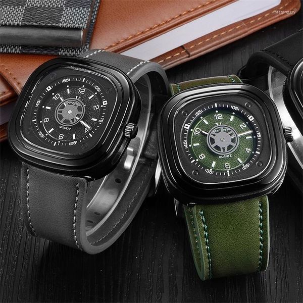 Montres-bracelets montre pour hommes bracelet en cuir véritable boîtier carré squelette visage marque V6 hommes sport militaire montres-bracelets horloge étanche