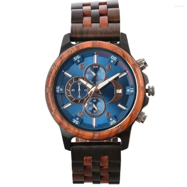 Relojes de pulsera Reloj para hombre Cuarzo Madera Multifuncional Luminoso Esfera grande