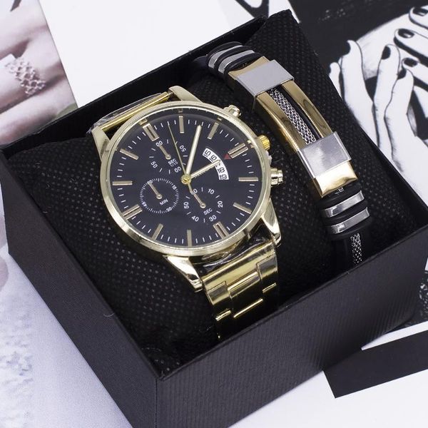 Relojes de pulsera Reloj para hombre Conjunto de pulsera de dos piezas Calendario de moda de negocios Reloj de pulsera de acero inoxidable Reloj de regalo para parejas Relojes de pulsera