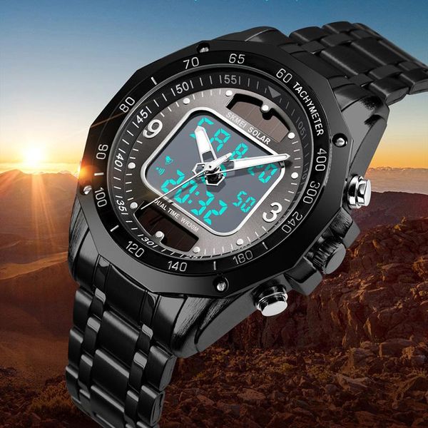 Relojes de pulsera para hombre 2023 SKMEI, reloj de cuarzo Digital deportivo Solar para hombre, reloj de pulsera LED resistente al agua de acero completo, reloj Masculino