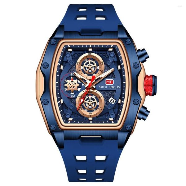 Relojes de pulsera para hombre, reloj deportivo de cuarzo de lujo para hombre, resistente al agua con manecillas luminosas, cronógrafo, correa de silicona azul 0473