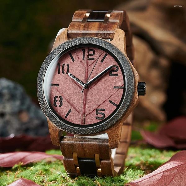 Relojes de pulsera Reloj de madera para hombres con hoja genuina BOBO BIRD para hombres 45 mm Bois Relojes hechos a mano naturales Regalo de madera Aniversario