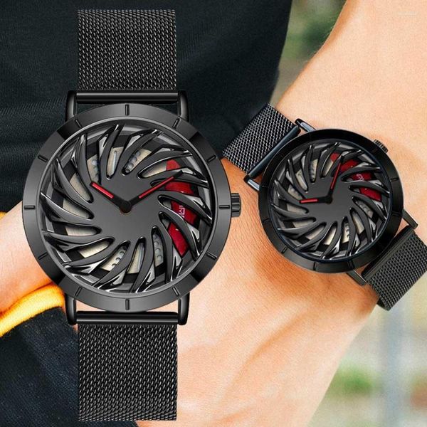 Relojes de pulsera para hombre, reloj de cuarzo con correa de malla, rueda de coche creativa, reloj de esfera giratoria 360, reloj de pulsera deportivo resistente al agua de acero inoxidable, reloj