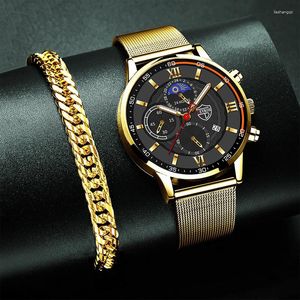 Montres-bracelets hommes Sport montres hommes affaires en acier inoxydable maille ceinture Quartz montre-Bracelet calendrier mâle or Bracelet horloge lumineuse