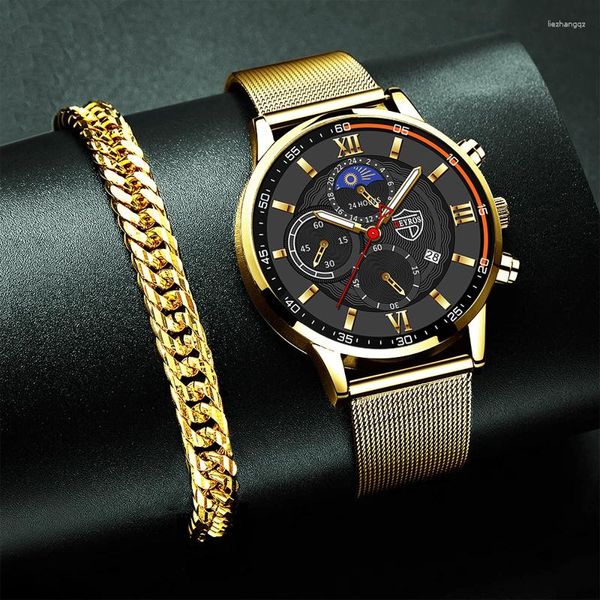 Relojes de pulsera para hombre, relojes deportivos para hombre, correa de malla de acero inoxidable, reloj de pulsera de cuarzo, calendario, pulsera de oro para hombre, reloj luminoso