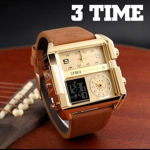 Montre-bracelets Men Sports montre 3 fuseaux horaires Big Man Fashion Military LED Watch Leather Quartz Relogie Masculino par VFSKn