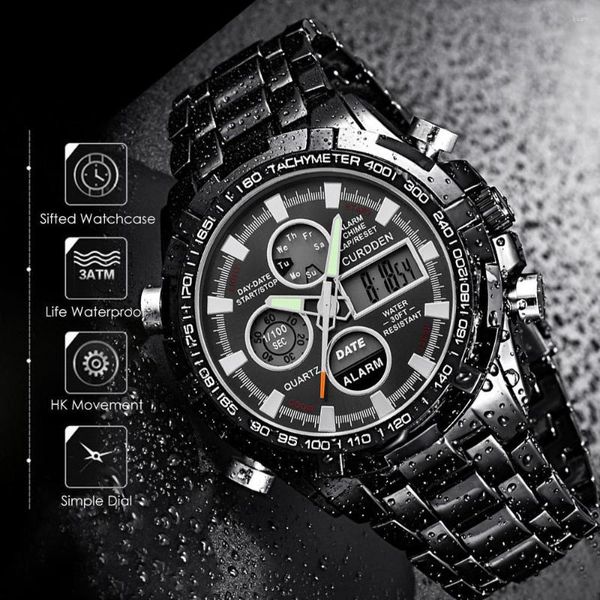 Montres-bracelets Hommes En Acier Inoxydable Sport Montre Double Affichage Analogique Numérique LED Montres-Bracelets Diminutif Classique Automatique Pour Saat