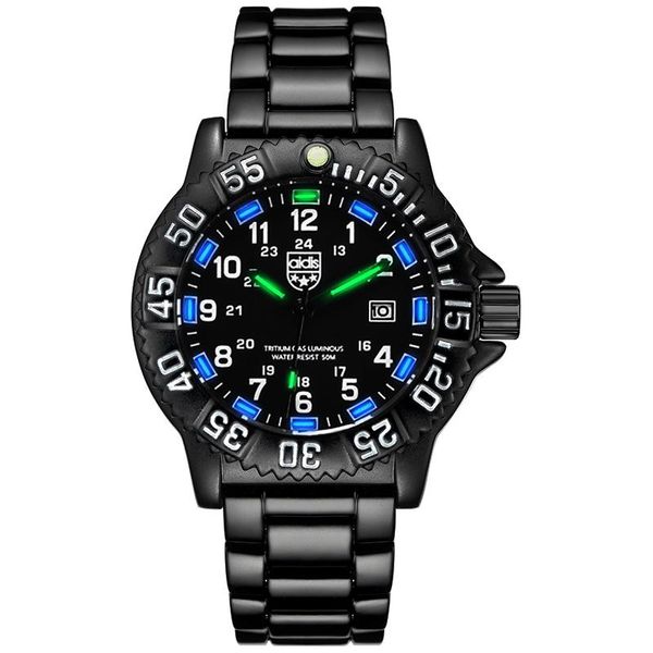 Relojes de pulsera para hombre, relojes de acero inoxidable, reloj de pulsera de cuarzo de Gel de sílice luminoso azul verde, resistente al agua, buceo, natación, militar al aire libre