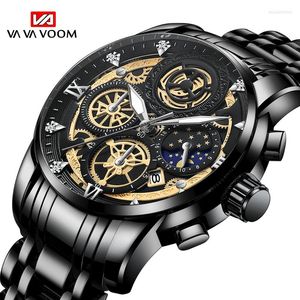 Relojes de pulsera para hombre, reloj de pulsera de cuarzo de lujo con escala de diamantes para moda, reloj de tira de acero inoxidable negro, resistente al agua, relojes Masculinos