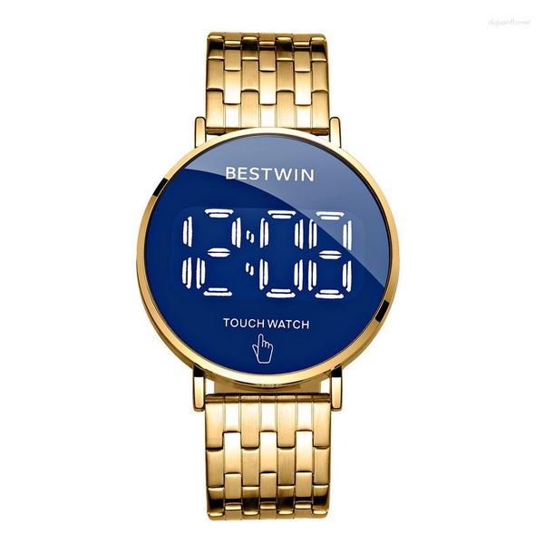 Relojes de pulsera Reloj para hombre Pantalla táctil LED resistente al agua Esfera de metal redonda digital Vidrio de alta resistencia Relojes con correa de acero inoxidable dorado