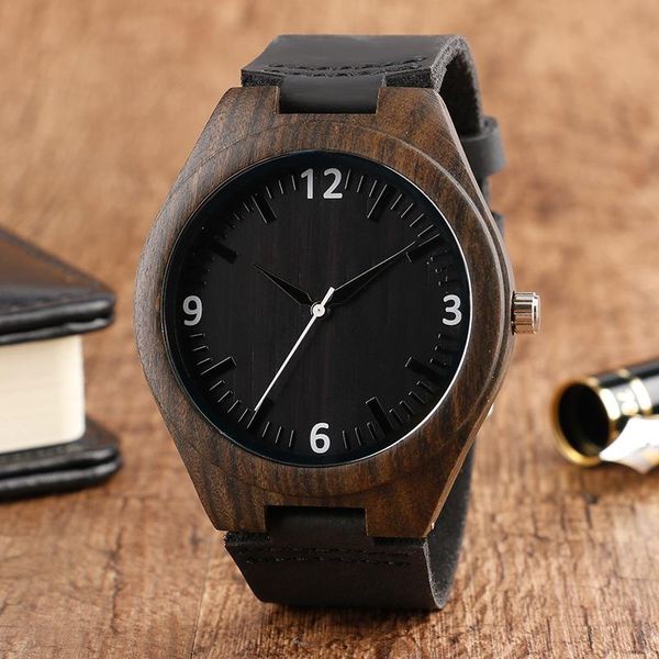 Relojes de pulsera Relojes para hombres Madera natural con caja Reloj simple Reloj de pulsera de bambú Pulsera de cuero genuino para artículo de regalo