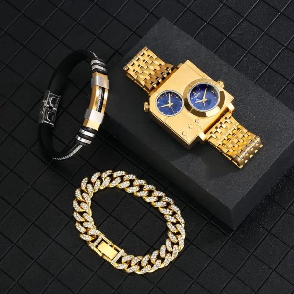 Montres-bracelets Hommes Montres Avec Bracelet Ensemble Cadeau Pour Entreprise De Luxe Or Carré Double Fuseau Horaire Cadran Quartz Montre-Bracelet Relogio Masculino