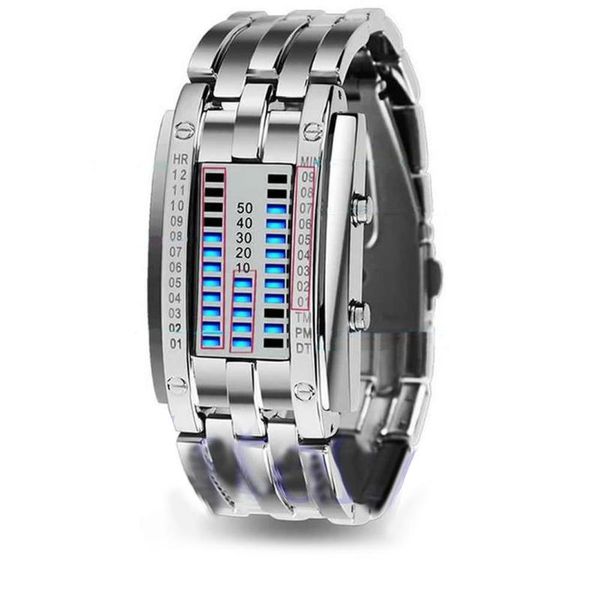 Relojes de pulsera Hombres Mujeres Creativo Acero inoxidable LED Fecha Pulsera Reloj Binario Electrónica Moda Casual DropWristwatches
