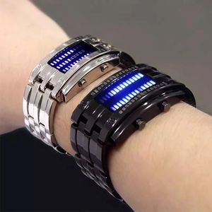 Relojes de pulsera Hombres Mujeres Futuro Tecnología Binario Negro Acero inoxidable Pareja Reloj Fecha Digital LED Pulsera Relojes deportivos 230905