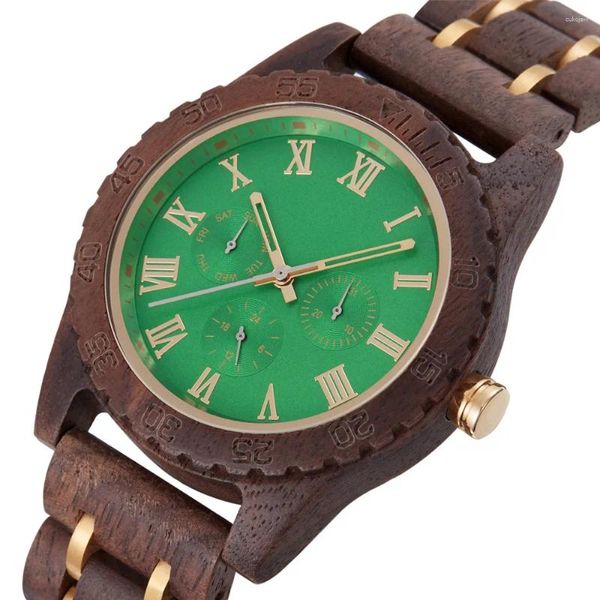 Relojes de Pulsera Hombres Madera Wacth Gree Moda Retro Nogal Madera Oro Multifuncional Reloj de Cuarzo para Hombres Fecha Semana Pantalla Reloj de Negocios de Lujo