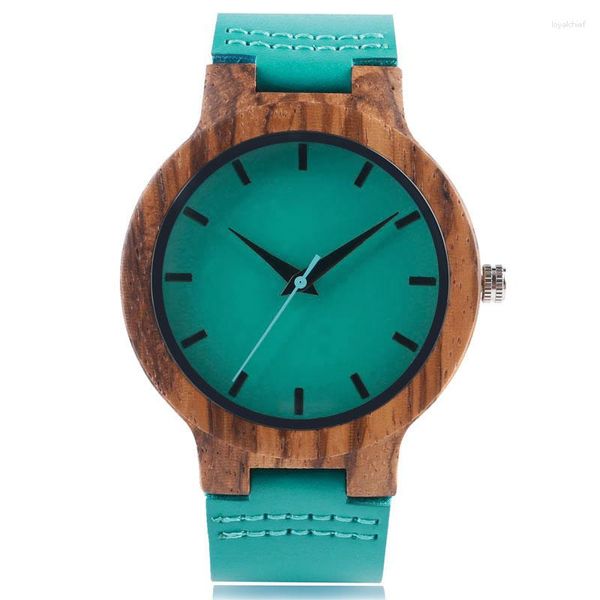 Relojes de pulsera Reloj de madera para hombre Reloj de pulsera de cuarzo de diseño hecho a mano Cuero azul Dail Rayas de madera creativas Reloj natural joven