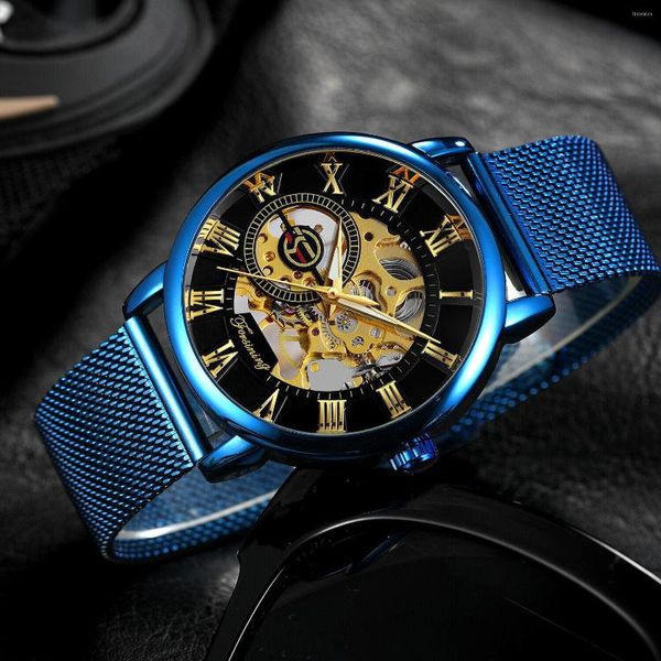 Relojes de pulsera para hombre, reloj mecánico de negocios, cuerda manual, esqueleto dorado, analógico, deportivo, azul, reloj de banda de acero inoxidable