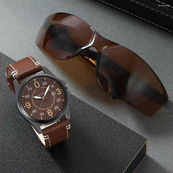 Muñecos para la pulsera Moda de moda para hombres Gafas para hombres Retro Big Dial Quartz Watch Watch Reloj de cuero marrón casual