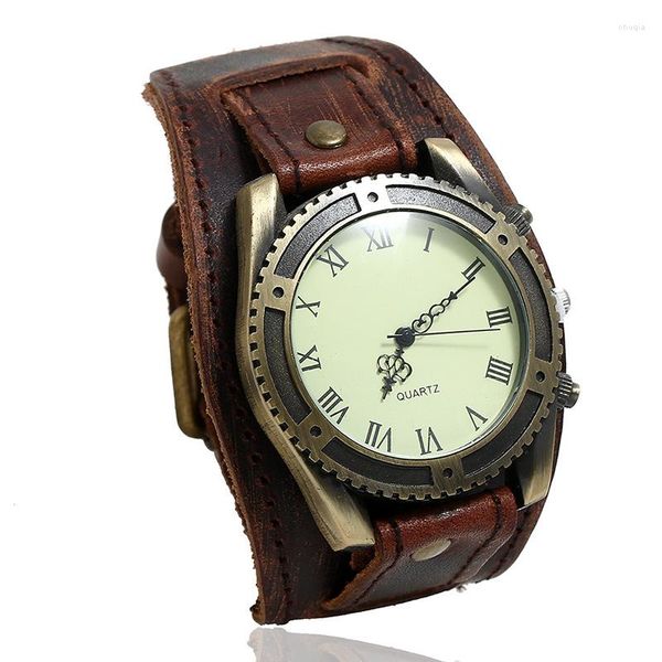 Relojes de pulsera Reloj de pulsera de cuero ancho de vaca Vintage para hombre y mujer, relojes de pulsera con números romanos, reloj Punk de cuarzo, reloj femenino