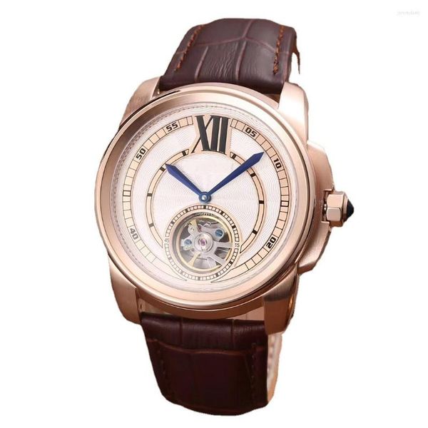 Relojes de pulsera para hombres reloj mecánico mecánico tourbillion cuero marrón negro de oro rosa