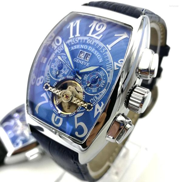 Relojes de pulsera Reloj mecánico para hombre Forma de barril Acero inoxidable Impermeable Calendario automático Multifuncional Retro Business Tourbillon