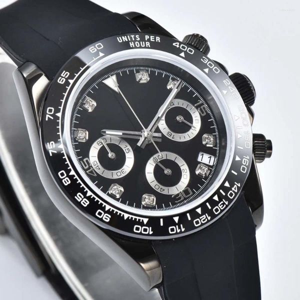 Montres-bracelets Mens Quartz Business Multifonction Chronographe Montre Stérile avec cadran diamant PVD Bracelet noir Bracelet VK63 Mouvement