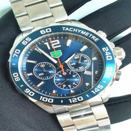 Montres-bracelets Mens Quartz Montre Bleu Sports Style Haut de gamme Racer Chronographe Tout en acier inoxydable Horloge étanche lumineuse personnalisée L277p