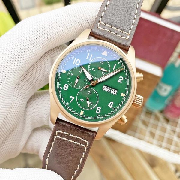 Montres-bracelets Montre de sport pour hommes multifonctions automatique mécanique 43mm montres en cuir marron cadran vert