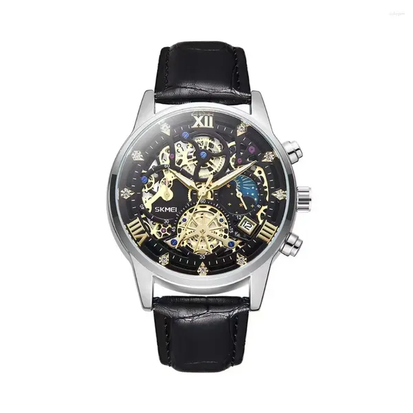 Relojes de pulsera Reloj para hombre Hueco Tallado Cuarzo Tourbillon Cuero Correa de acero Reloj Calendario a prueba de agua Reloj de lujo Reloj Hombre